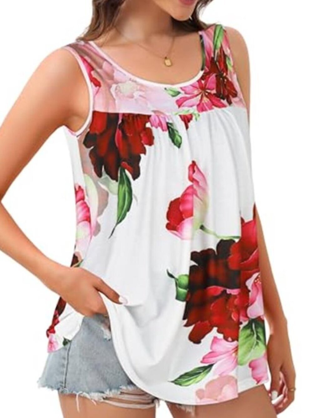 Womens Tank Top Crewneck Sleeveless Floral Tunic Shirt - Picture 3 of 6